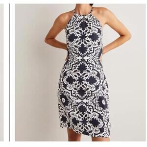 BODEN Bloomsbury Navy and white Cotton tile pattern open back mini dress sz 10